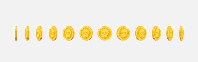 Gold coin spinning in varied directions for game animation. Metallic currency with skull design rotates dynamically. Achievement icon in motion. Flat 3D style asset for gaming visuals vector