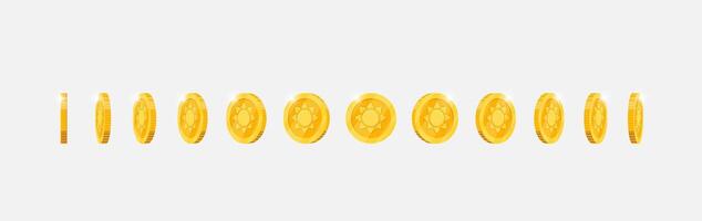 Gold ancient sun coin rotates dynamically at changing angles for gaming apps. Metallic token symbolizing achievement in motion. Flat 3D visual perfect for interactive designs vector