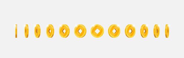 Spinning gold currency with Chinese lucky symbol with square hole for games. Metallic token rotates fluidly at different perspectives. Flat 3D achievement marker in dynamic motion vector