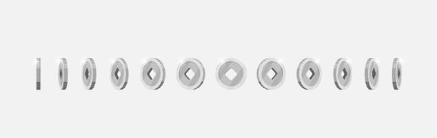 Silver coin featuring Chinese lucky symbol with square hole image in continuous rotation for game animations. Metallic token turns smoothly in multiple views. Flat 3D object for dynamic gaming visuals vector