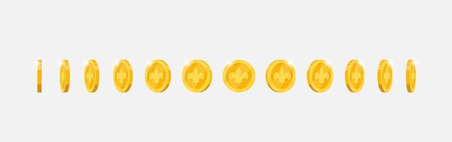 Gold coin featuring regal image in continuous rotation for game animations. Metallic token turns smoothly in multiple views. Flat 3D object for dynamic gaming visuals vector