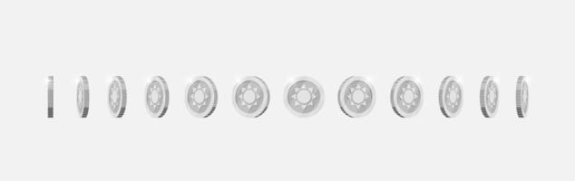 Silver coin spinning in varied directions for game animation. Metallic currency with ancient sun design rotates dynamically. Achievement icon in motion. Flat 3D style asset for gaming visuals vector