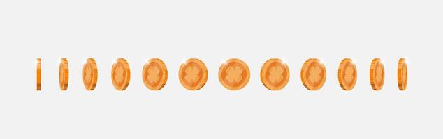 Spinning bronze currency with four leaf lucky clover symbol for games. Metallic token rotates fluidly at different perspectives. Flat 3D achievement marker in dynamic motion vector