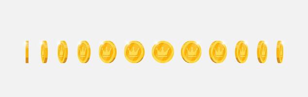 Gold coin animation with spinning royal crown design for apps. Metallic symbol rotates in various directions. Flat 3D element for gaming interfaces. Achievement icon in constant motion vector