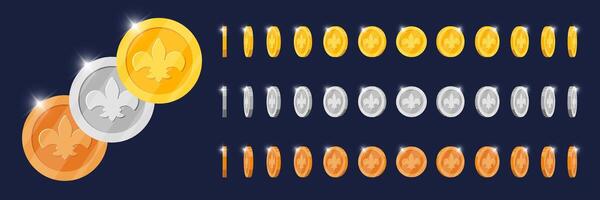 Turning gold, silver, bronze coins animated in multiple angles for gaming apps. Metallic token with regal symbol spinning dynamically. Rotating metal award icon. Flat 3D currency design in motion vector