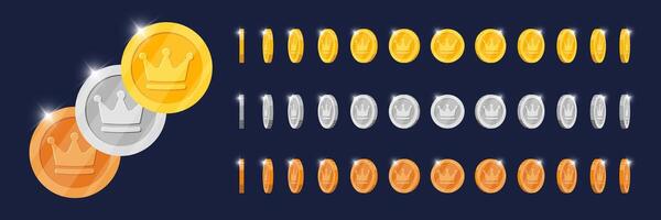 Gold, silver, bronze coins in animated rotation from multiple perspectives for game app. Metallic token different angles motion with royal crown symbol. Spinning metal award icon. 3D currency graphic vector