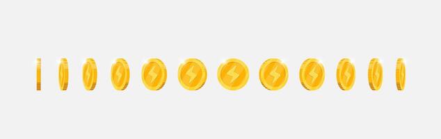 Rotating gold coin animation for gaming apps. Metal token featuring lightning bolt speed motif moves at changing angles. Symbol of success spinning fluidly. Flat 3D design for digital interfaces vector