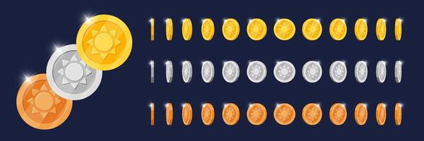 Dynamic animation gold, silver, bronze coins turning in various directions for game. Metallic token angles rotating with ancient sun symbol. Spinning metal reward emblem. Flat 3D currency effect vector