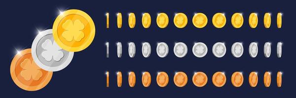 Animated rotation gold, silver, bronze coins for game app. Lucky token with four leaf clover symbol different viewpoints spinning. Metal achievement icon motion. Flat 3D currency visualization vector
