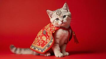 Adorable kitten wearing a red costume on a red background, embodying cuteness and festive vibes Generated by AI photo
