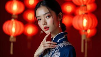 A close-up portrait of a woman in traditional attire with glowing red lanterns in the background Generated by AI photo