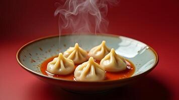 Close-up of steaming dumplings in a ceramic bowl, set against a red backdrop for a delicious, warm appeal Generated by AI photo