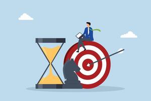 Business strategy, businessman using a computer sits on a goal with a chess knight and an hourglass. vector