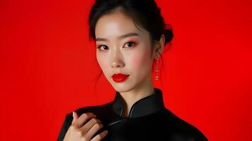 Close-up portrait of a woman wearing teal, posing confidently with vivid red backdrop for striking contrast Generated by AI photo
