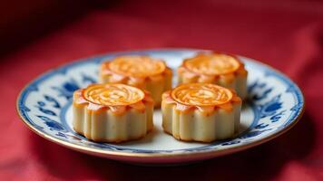 Close-up of traditional mooncakes on a decorative blue plate with a red background, representing festive delightGenerated by AI photo