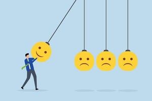 Optimistic, man holding a smiling face pendulum ball to strike other frowning faces. vector