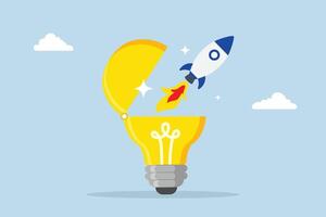 Innovation to launch new idea, creative rocket launch soaring high from the bright illumination of a brilliant idea. vector