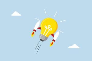 Boost creative idea, bright lightbulb idea with rocket booster flying fast into the sky. vector