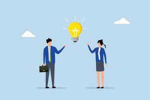 Bright idea to solve problem, businessman and a businesswoman brainstorming with a brilliant lightbulb concept. vector