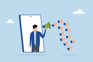 Internet hater, angry young man using megaphone while shouting from mobile phone with negative thumbs down icons. vector
