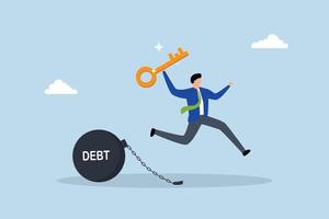 Debt free, joyful entrepreneur grasping a golden key after breaking free from debt chains. vector