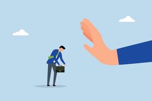 Application rejected, sorrowful entrepreneur turned down by significant hand signal as negative. vector