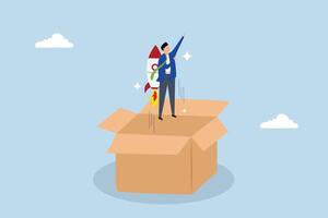 Think outside the box, businessman take off from open container using rocket engine. vector