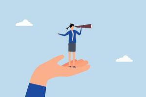 Business visionary, entrepreneur using telescope on enormous hand enables her to envision future vector