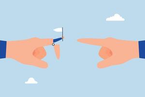 Stop argument, Two businessmen are arguing while pointing at each other, with one holding a small white flag in surrender. vector