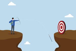 Terribly missed target, overconfident entrepreneur in archery spectacularly failed to hit target. vector
