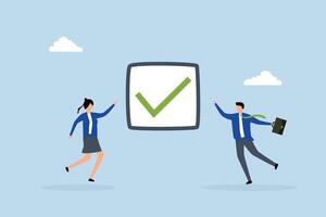 Complete task, Joyful professionals rejoice with a completed checkmark after successfully finishing a challenging project. vector