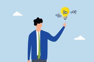 Innovation idea, businessman showcasing a novel lightbulb featuring cogs and gears to create new technology aimed at resolving business challenges. vector