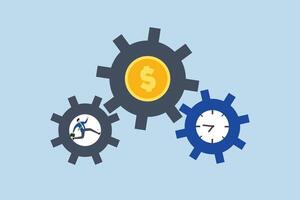 Effort and time to make money, entrepreneur sprinting intensely within gear mechanisms to rotate time and currency wheels. vector