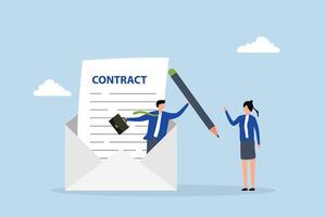 Remote recruitment, Clever businessman presents pen to candidate for signing contract from email envelope. vector