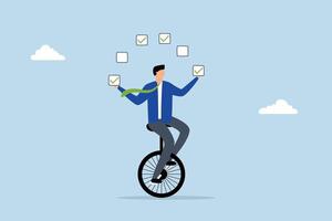 Todo list professional, businessman juggling checkbox on unicycle. vector