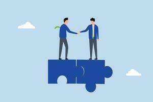 Collaborate, Successful entrepreneurs complete the agreement and shake hands over a jigsaw puzzle. vector