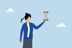 Deadline on business project, businesswoman manager grasping an hourglass as timer or countdown device. vector