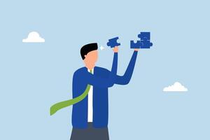 Solve problem, businessman tackling jigsaw puzzle challenge. vector