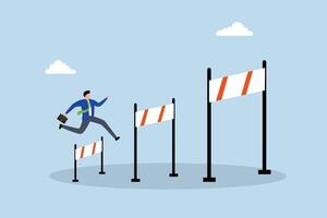 Business challenge, determined businessman leaps over challenges to discover greater obstacles. vector