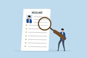 businessman recruiting supervisor utilizing a magnifier to examine CV. vector