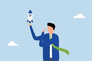 businessman and startup project, businessman grasping rocket initiative contemplating for takeoff. vector