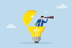 Creativity to help see business opportunity, entrepreneur activates lightbulb concept utilizing binoculars to visualize business goals. vector
