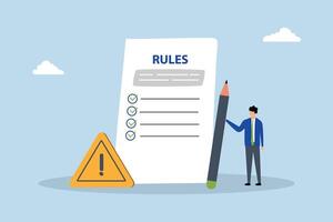 Rules and regulations, entrepreneur completes drafting guidelines and policies document. vector