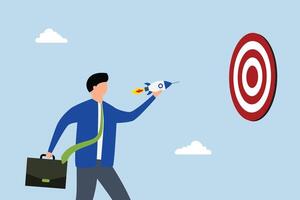Startup success target, businessman introduces novel rocket to strike target dartboard bullseye. vector