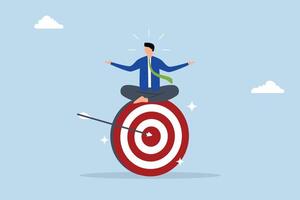 Stay focused and concentrate on business objective, calm entrepreneur contemplates while seated and concentrating on large archery bullseye. vector