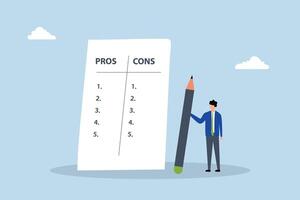 considerate businessman evaluating business advantages and disadvantages to weigh benefits. vector