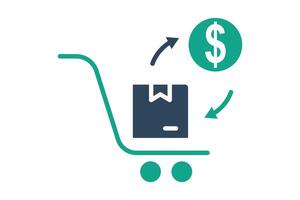 Purchasing icon. solid icon style. shopping cart with product and dollar. icon related to procurement. procurement management elements illustration vector
