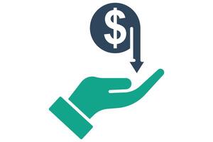 Cost saving icon. solid icon style. hand with dollar and down arrow. icon related to procurement. procurement management elements illustration vector