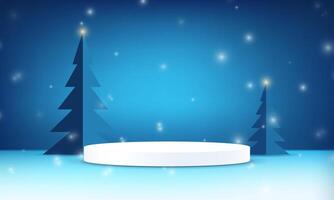 Blue and white background 3d with snow,christmas tree and white podium. Christmas background. Space for selling products on the website. illustration. vector