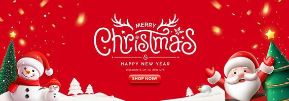 Merry Christmas message and Happy new year sale, Santa claus character and snowman, pine tree, banner design on red background vector
